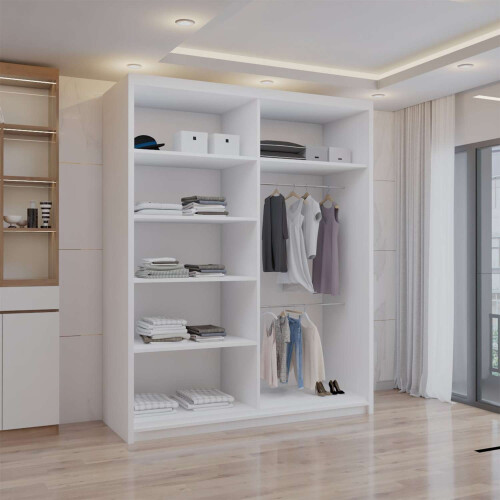 (White, 180cm) Double Mirror Sliding Door Wardrobe with Shelves 2