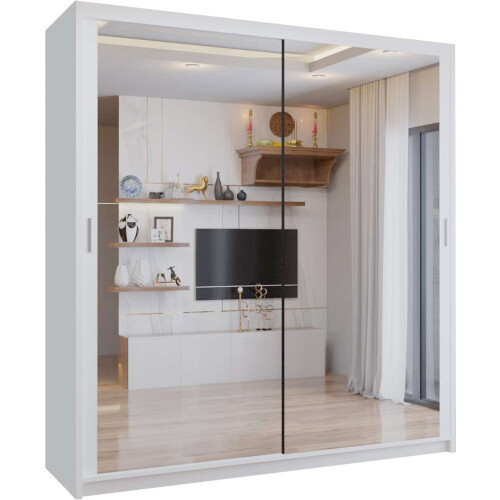 (White, 203cm) Double Mirror Sliding Door Wardrobe with Shelves 1