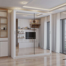 (White, 203cm) Double Mirror Sliding Door Wardrobe with Shelves