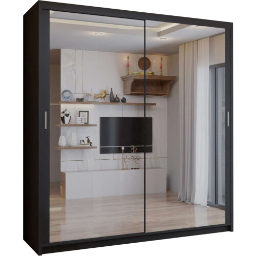 (Black, 203cm) Double Mirror Sliding Door Wardrobe with Shelves 1