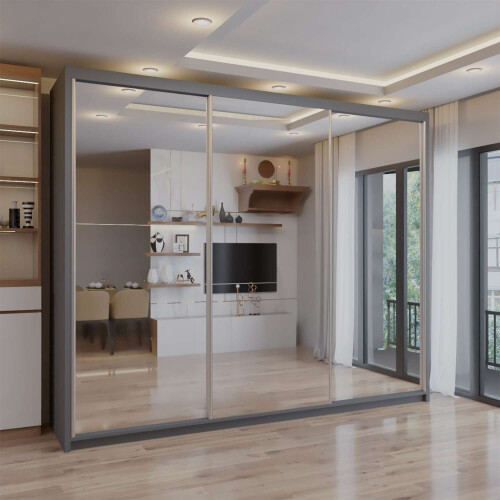 (Grey, 250cm) Double Mirror Sliding Door Wardrobe with Shelves