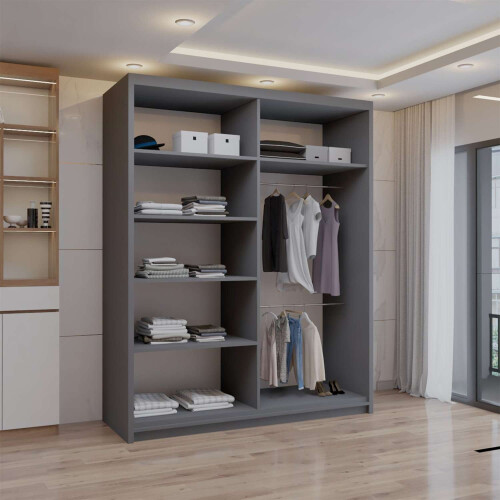 (Grey, 150cm) Double Mirror Sliding Door Wardrobe with Shelves 2