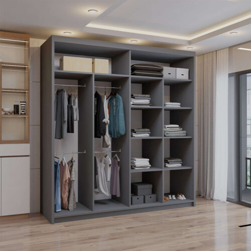 (Grey, 203cm) Double Mirror Sliding Door Wardrobe with Shelves 2