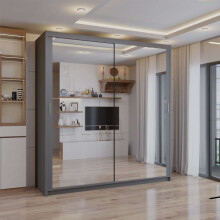 (Grey, 203cm) Double Mirror Sliding Door Wardrobe with Shelves