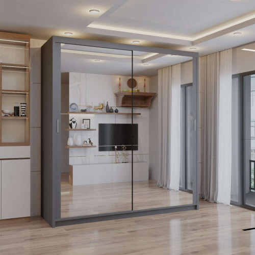 (Grey, 203cm) Double Mirror Sliding Door Wardrobe with Shelves