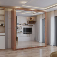 (Walnut, 150cm) Double Mirror Sliding Door Wardrobe with Shelves