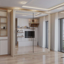 (Oak, 90cm) Double Mirror Sliding Door Wardrobe with Shelves