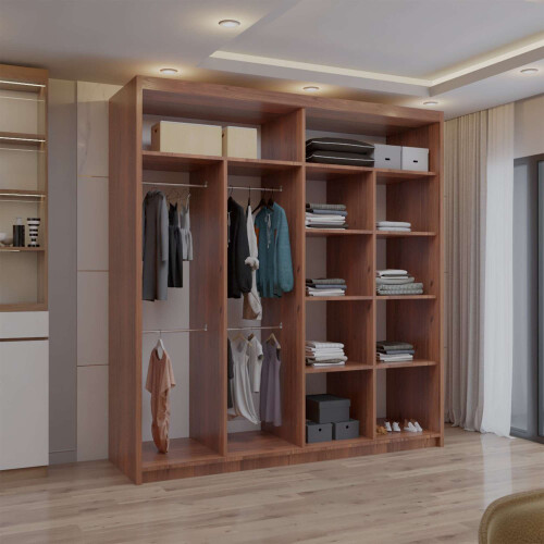 (Walnut, 203cm) Double Mirror Sliding Door Wardrobe with Shelves 2