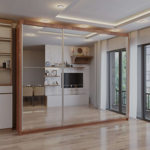 (Walnut, 250cm) Double Mirror Sliding Door Wardrobe with Shelves
