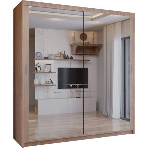 (Walnut, 203cm) Double Mirror Sliding Door Wardrobe with Shelves 1