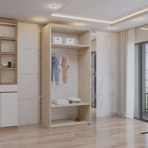 (Oak, 90cm) Double Mirror Sliding Door Wardrobe with Shelves 2
