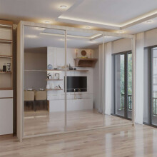(Oak, 250cm) Double Mirror Sliding Door Wardrobe with Shelves