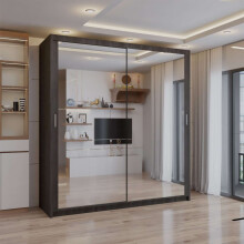 (Wenge, 180cm) Double Mirror Sliding Door Wardrobe with Shelves