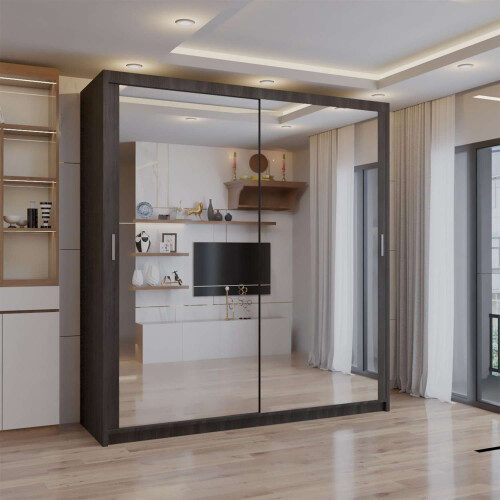 (Wenge, 180cm) Double Mirror Sliding Door Wardrobe with Shelves