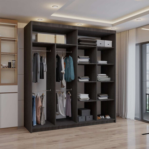 (Wenge, 203cm) Double Mirror Sliding Door Wardrobe with Shelves 2