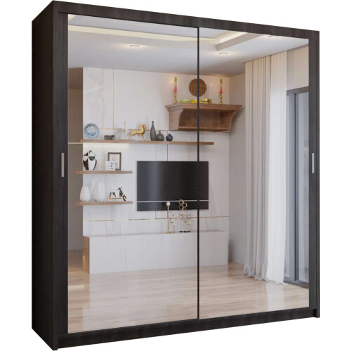 (Wenge, 203cm) Double Mirror Sliding Door Wardrobe with Shelves 1