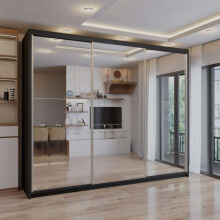 (Black, 250cm) Double Mirror Sliding Door Wardrobe with Shelves