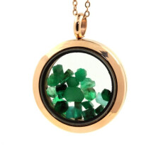 Colar - Um BIJOIA - Medalhão 30 mm - Esmeralda bruta - Aço inoxidável - Ouro rosé