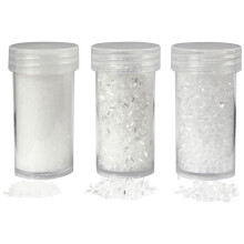 Decoração de festa - Conjunto de brilhos - Neve artificial - 3 frascos - Branco