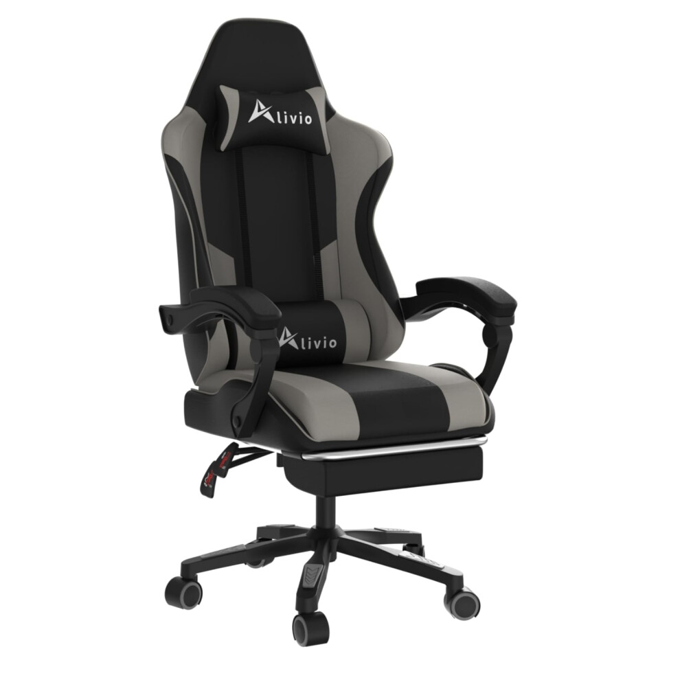Alivio Ergonomic Gaming Chair With Massage Lumbar Cushion & Retractable Footrest, Pu Leather Video Game Chair (Grey)