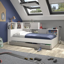 Cama infantil GAMI Erwan com arrumação - Decoração branca e cinza - 90 x 200 cm