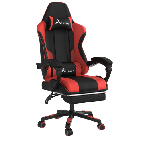Alivio Ergonomic Gaming Chair with Massage Lumbar Cushion & Retractable Footrest, PU Leather Video Game Chair (Red)