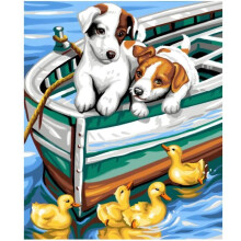 Pintura por números - Os pequenos curiosos - Cachorrinhos e patinhos - 8 potes de tinta - 1 pincel - 23.5x34 cm