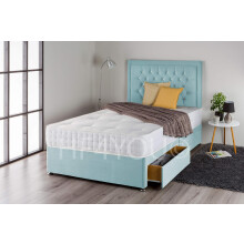 (4ft6, 2 Drawers) Ice Blue Plush Divan Bed with 1000 Pocket Sprung Mattress and Matching Nina Diamante Headboard