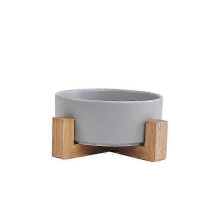 Gray Pet Dog and Cat Bowls Ceramic Dog Cat Bowls Bamboo Holder - Dishwasher Safe and Easy to Clean jjm