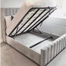 (Super King, Grey Plush with Gas Lift) Luxury Winged Panel Plush Upholstered Velvet Bed Frame Optional Gaslift Ottoman Storage