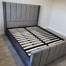 (Small Double, Steel Plush without Gas Lift) Luxury Winged Panel Plush Upholstered Velvet Bed Frame Optional Gaslift Ottoman Storage