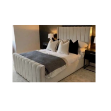 (Small Double, Cream Plush with Gas Lift ) Luxury Winged Panel Plush Upholstered Velvet Bed Frame Optional Gaslift Ottoman Storage