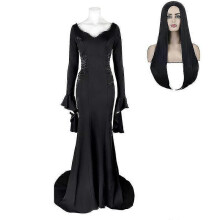 (S, With wig) Wednesday Morticia Addams Cosplay Costume Sexy Black Dress For Women Halloween Carnival Party Costume