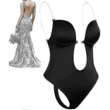 (2XL, Black) Women Plunging Deep V-neck Body Shaper Strapless Backless Bodysuit Shapewear