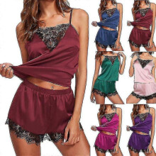(2XL, Black) Women Satin Silk Lace Lingerie Cami Vest Shorts Pyjamas Set Sleepwear-
