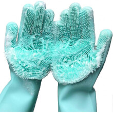 (green) Cleaning Sponge Gloves, Dishwashing Gloves, Silicone Reusable Cleaning Brush Heat Resistan B