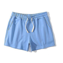 (M, Blue) Men's Cotton Solid Swim Trunks Drawstring Plus Size Sports Shorts With Pockets