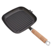 PARKGietijzeren koekenpan met houten handvat, vierkant, ongecoat, antiaanbak, gietijzeren grillpan voor