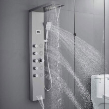 columna de ducha 5 en 1 de acero inoxidable con 4 jets de masaje corporal, ducha efecto lluvia y cascada, ducha de mano