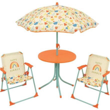 FUN HOUSE Fruity's Gartenmöbel – 1 Tisch H.46 x ø46 cm, 2 Stühle H.53xB.38,5xT.37,5 cm und 1 Sonnenschirm H.125 x ø100 cm