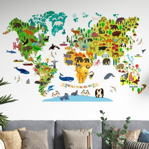 Animal World Map Kids Wall Stickers (30x90 cm-2) Jungle Safari Wild ...