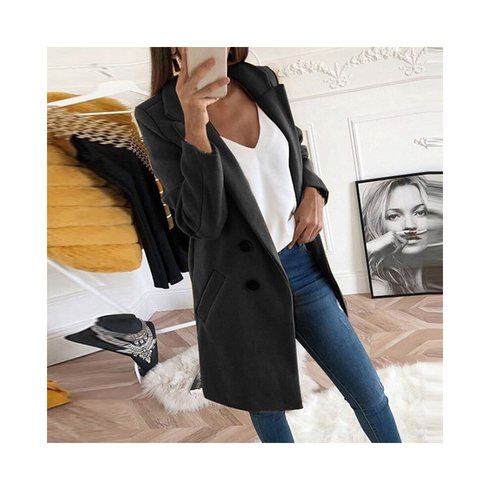(Black, L) Winter Warm Women Plush Trench Coat Ladies Jacket Overcoat Outwear Casual