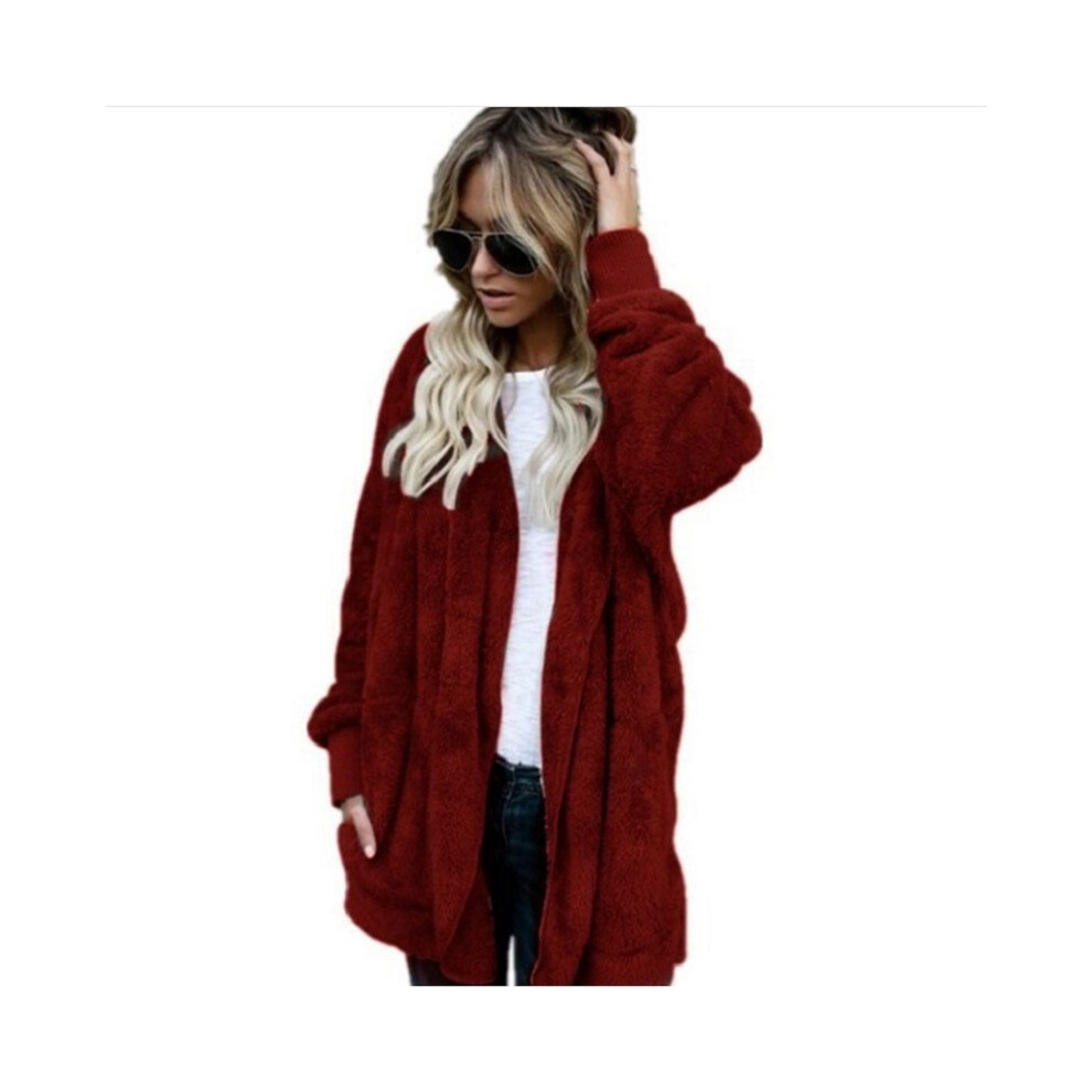 (Winered,L)Mujeres Invierno Abrigo Esponjoso Polar Piel Chaqueta Oso De Peluche Sudaderas Con Capucha Prendas Exteriores Informales-image