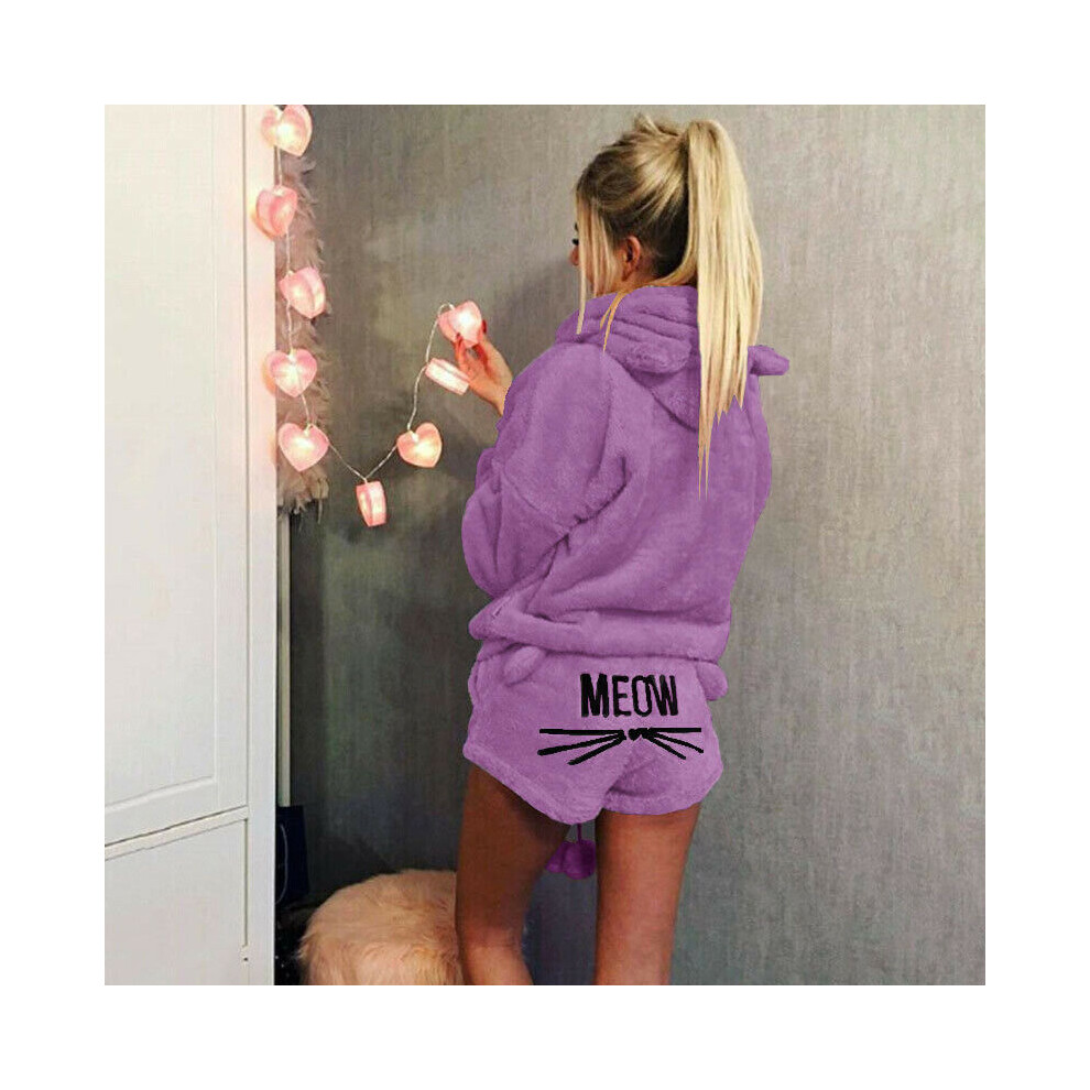 (Purple,Xl)Pigiama Donna Gatto Pile Soffice Caldo Pigiama Pigiama Pigiama Da Notte Set Pigiama Outfit