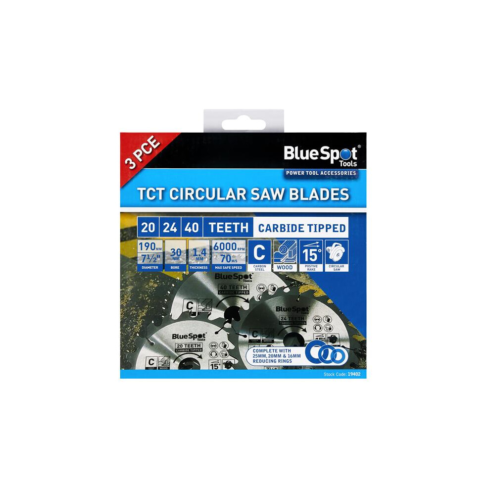 Bluespot 190Mm Circular Mitre Saw Blade 30Mm Bore 25 20 16Mm Rings 24 40 48T 3Pc 5028734194029