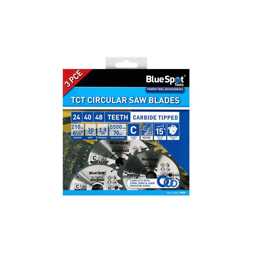 BlueSpot 210mm Circular Mitre Saw Blade 30mm Bore 25 20 16mm Rings 24 40 48T 3pc