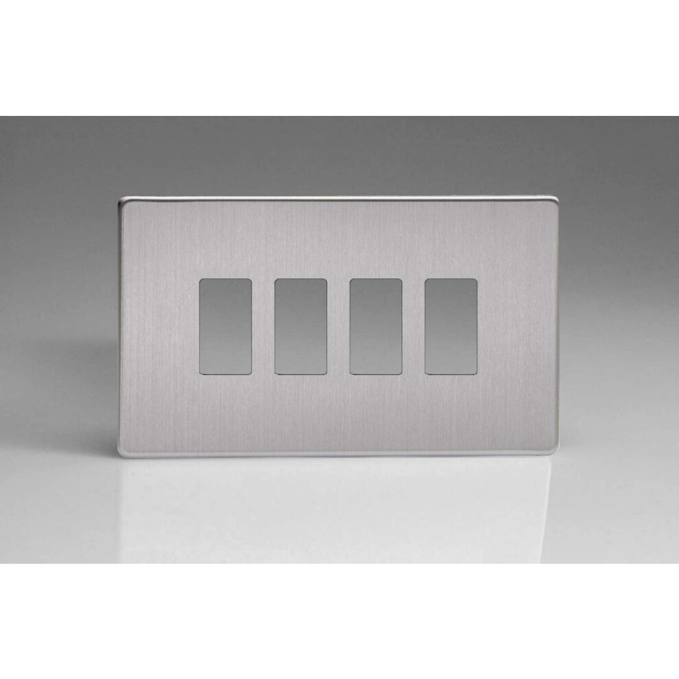 Varilight 4 Gang Screwless Powergrid Plate Including Yoke (Twin Plate) In Brushed Steel 5021575007428