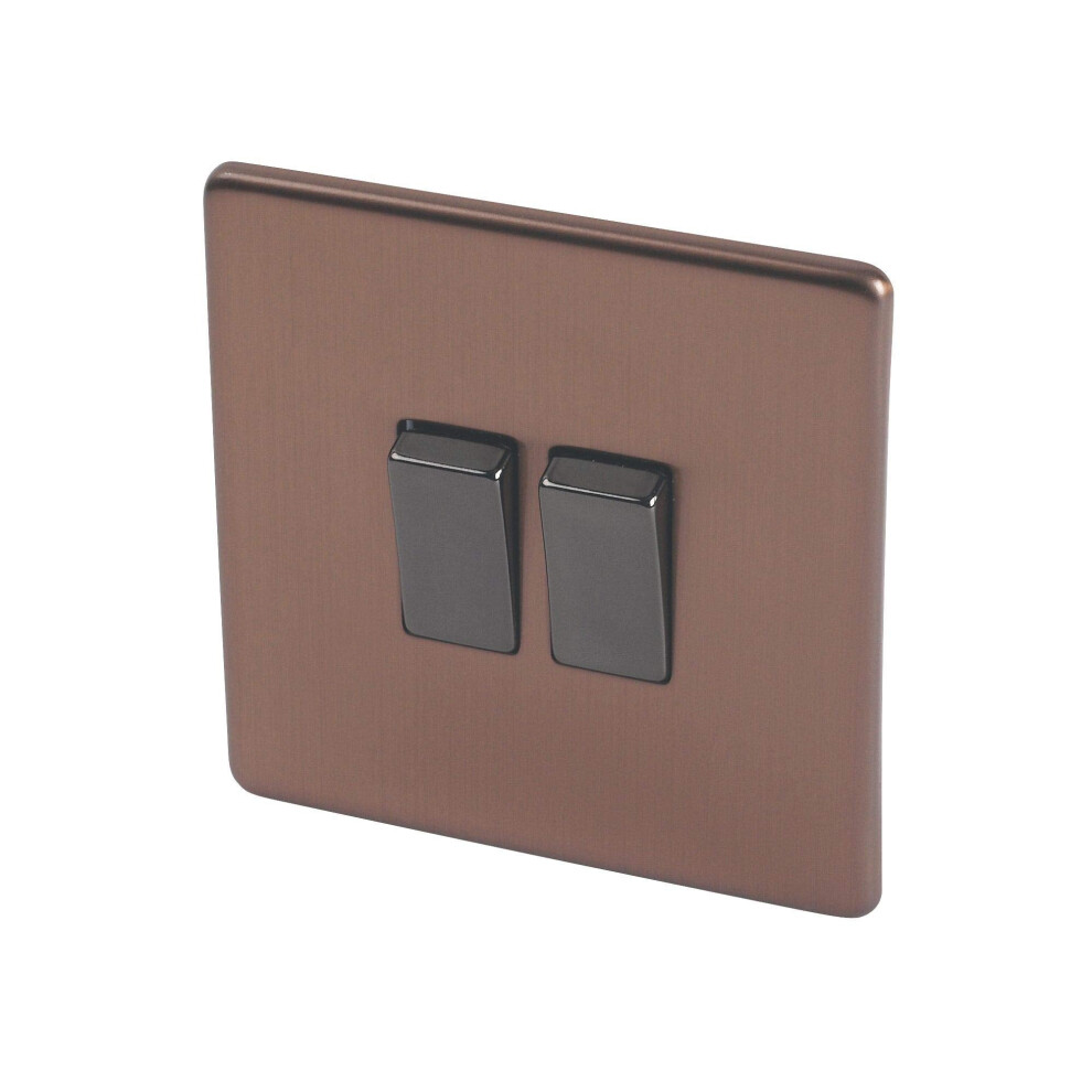 Varilight Flat Plate Screwless Brushed Bronze 2-Gang 2-Way 10 Amp Light Switch 5021575425246