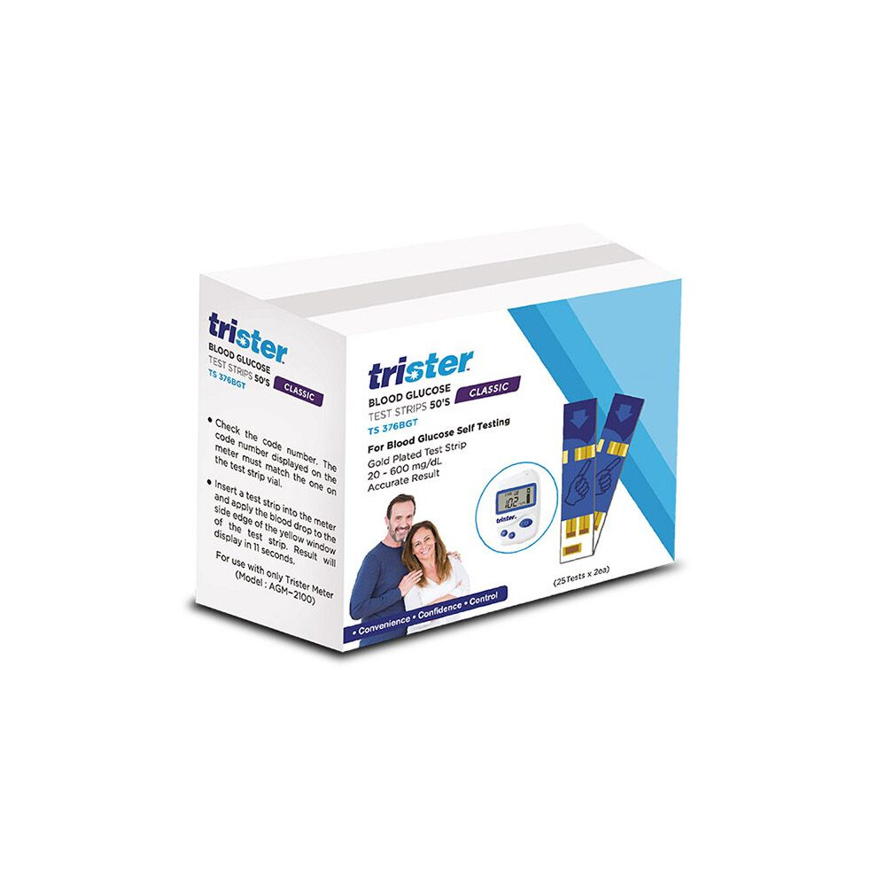 Trister Blood Glucose Test Strips 50's TS 376BGT | Diabetic Sugar Test Strips for Trister Glucometer, Accurate Home Testing, Easy to Use