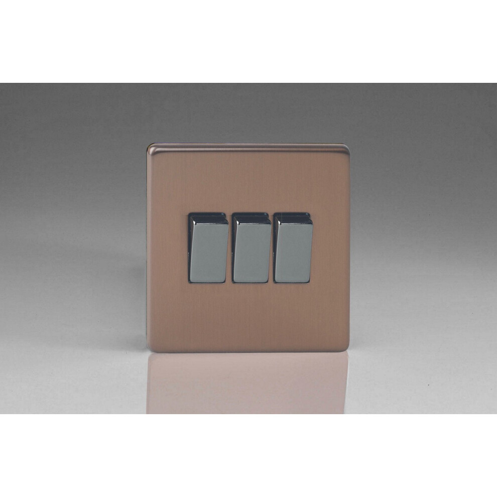 Varilight Flat Plate Screwless Brushed Bronze 3 Gang 2-Way 10 Amp Light Switch 5021575004557